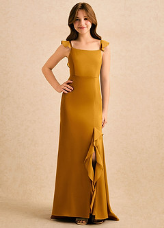 Azazie Novalie Girls Formal Flower Girl Dresses Butterscotch Mermaid Bow Stretch Satin Dress image4