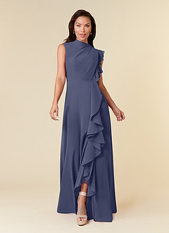 Azazie Narine Mère de la mariée Robes Robe Trapèze en Mousseline de soie Encolure haute plissée Bleu Orageux image3