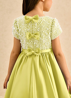 Azazie Cashew Flower Girl Dresses Canary Ball-Gown with Sleeves Matte Satin Dress image7