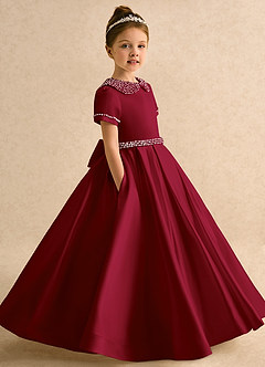 Azazie Gabriella Flower Girl Dresses Burgundy Ball-Gown with Sleeves Matte Satin Dress image3