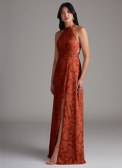 Azazie Clarice Robes de demoiselle d'honneur Robe Trapèze en Blumen-Burnout Fente Latérale Auburn image3