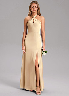 Azazie Tracie Bridesmaid Dresses Champagne A-Line Side Slit Stretch Satin Dress image3