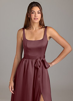 Azazie Elliott Bridesmaid Dresses Sangria A-Line with Pockets Stretch Satin Dress image2