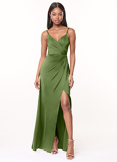 Azazie Maci Bridesmaid Dresses Juniper A-Line V-Neck Pleated Stretch Satin Dress image1