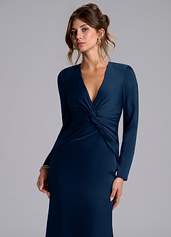 Azazie Valerie Vestidos de damas de honor Vestido de Azul Marino Oscuro de Satén Elástico de Corte Sirena con Manga larga image6