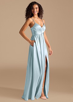 Azazie Alia Vestidos de damas de honor Vestido de Azul Cielo de Satén Metálico de Corte en A con Plisado image5