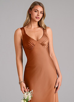 Azazie Kamila Bridesmaid Dresses Copper A-Line Pleated Stretch Satin Dress image7
