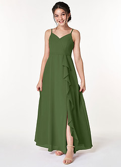 Azazie Naeem Junior A-Linie Gestreift Chiffon Kleid Olivgrün image1