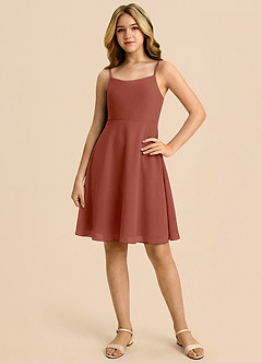 Azazie Shale Junior Auburn A-Line Bow Chiffon Dress image3