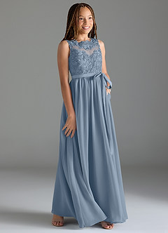 Azazie Elly Junior Dusty Blue A-Line Lace Chiffon Dress image4