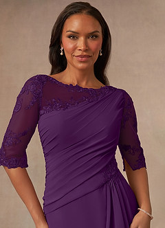 Azazie Dionysus Final Sale Grape A-Line Boatneck Lace Chiffon Dress image4