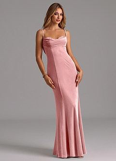 Azazie Karryn Robes de demoiselle d'honneur Robe Sirène en velours Corset Rose Poussiéreuse image1