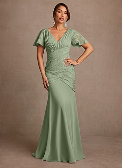 Azazie Jolene Mother of the Bride Dresses Dusty Sage Mermaid Pleated Floral Burnout Dress image1