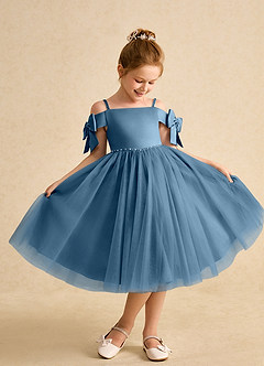 Azazie Amie Flower Girl Dresses Bermuda A-Line Off the Shoulder Matte Satin Dress image1