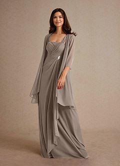 Azazie Clinton Mother of the Bride Dresses Taupe A-Line Pleated Mesh Dress image1