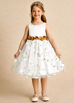 Azazie Starri Flower Girl Dresses Ivory Butterscotch Ball-Gown Beaded Matte Satin Dress image1