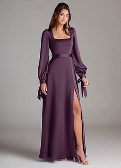 Azazie Leonia Bridesmaid Dresses Plum A-Line Long Sleeve Stretch Satin Dress image3
