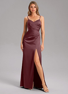 Azazie Azuree Bridesmaid Dresses Sangria A-Line Pleated Stretch Satin Dress image6