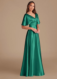 Azazie Pamela Bridesmaid Dresses Emerald A-Line Pleated Metallic Satin Dress image3