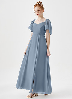 Azazie Chloe Junior Vestido de Azul Polvoriento de Gasa de Corte En A con Escote de Corazón image3