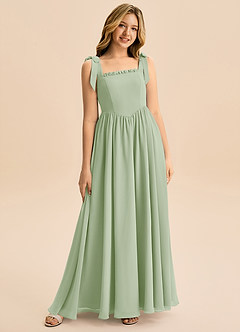 Azazie Delia Junior Abito A-Line in Chiffon Fiocco Verde Salvia image1