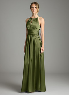 Azazie Bonnie Bridesmaid Dresses Olive A-Line Pleated Stretch Satin Dress image1