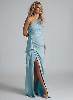 Azazie Maive Bridesmaid Dresses Moody Blue Sheath Ruched Stretch Satin Dress image2