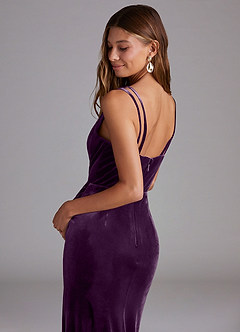 Azazie Leo Bridesmaid Dresses Grape Sheath Pleated Velvet Dress image6