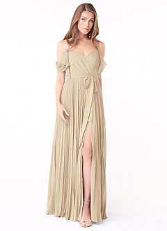 Azazie Lyney Bridesmaid Dresses Champagne A-Line Off the Shoulder Chiffon Dress image1
