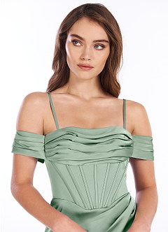 Azazie Breanna Final Sale Agave Sheath Off the Shoulder Stretch Satin Dress image6