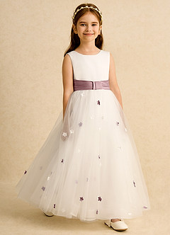 Azazie Cricket Flower Girl Dresses Ivory Dusty Rose Ball-Gown Pleated Matte Satin Dress image3