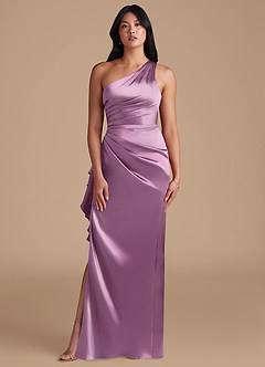 Azazie Latrice Bridesmaid Dresses Wisteria Sheath One Shoulder Metallic Satin Dress image2
