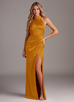 Azazie Jemma Bridesmaid Dresses Butterscotch Sheath Pleated Stretch Satin Dress image1