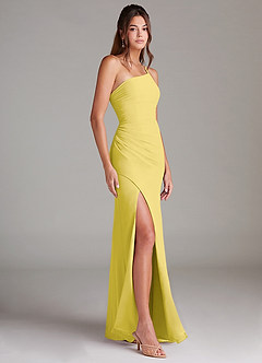 Azazie Eren Vestidos de damas de honor Vestido de Canario de Gasa de Corte Recto con Hombro unilateral image4