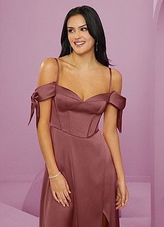 Barbie ♥ Azazie Jurken voor bruidsmeisjes Jurk van Stretch Satijn met A-Lijn Off the Shoulder Amethist image5