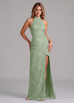 Azazie Jemma 신부 들러리 드레스 쉬스 주름진 플로럴 번아웃 바닥 길이 드레스 image1