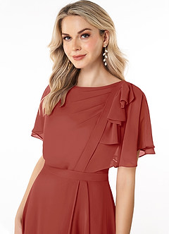 Azazie Aaliyah Bescheidene Brautjungfernkleider A-Linie Schaufel Gefaltet Chiffon Bodenlänge Kleid image5