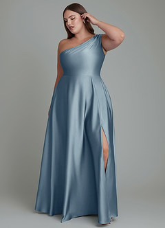 Azazie Melanie Bridesmaid Dresses Dusty Blue A-Line Off the Shoulder Stretch Satin Dress image9