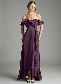 Azazie Lyra Bridesmaid Dresses Plum A-Line Off the Shoulder Stretch Satin Convertible Dress image1