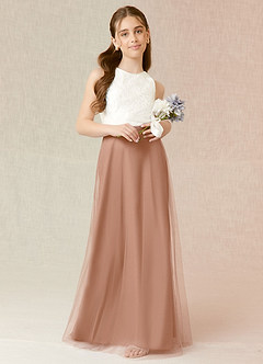 Azazie Albertine Junior Champagne Rose A-Line Lace Chiffon Dress image1