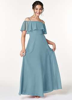 Azazie Maggie Junior Moody Blue A-Line Off the Shoulder Chiffon Dress image1