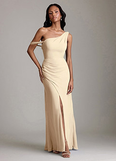 Azazie Madelyn Vestidos de damas de honor Vestido de Champán de Gasa de Corte Sirena Convertible con Hombro unilateral image1