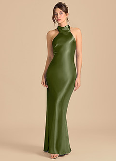 Azazie Velli Brudtärnklänningar Klä av Tubklänning i Metallisk satin Hög hals Oliv image4