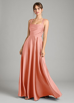 Azazie Shaude Bridesmaid Dresses Coral A-Line Pleated Stretch Satin Dress image1