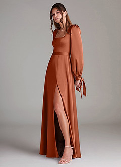 Azazie Leonia Bridesmaid Dresses Cedar Rose A-Line Long Sleeve Stretch Satin Dress image5