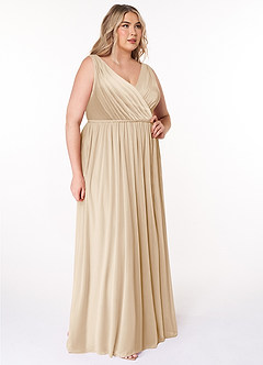 Azazie Tanicia Bridesmaid Dresses Champagne A-Line V-Neck Pleated Mesh Dress image8