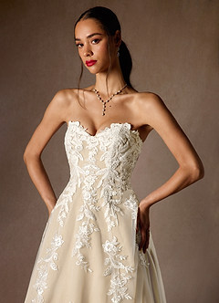 Azazie Madeleine Wedding Dresses Diamond White Champagne Ball-Gown Strapless Lace Dress image8