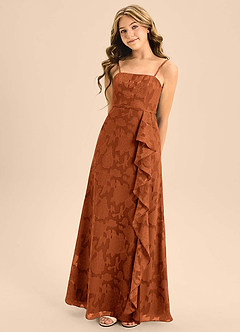 Azazie Kaylee Junior Burnt Orange A-Line with Belt Floral Burnout Dress image5