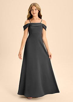 Azazie Anselie Junior A-Linie Schulterfrei Stretch-Satin Kleid Schwarz image7