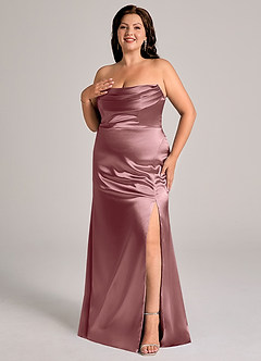 Azazie Saige Bridesmaid Dresses Vintage Mauve Sheath Off the Shoulder Metallic Satin Convertible Dress image12